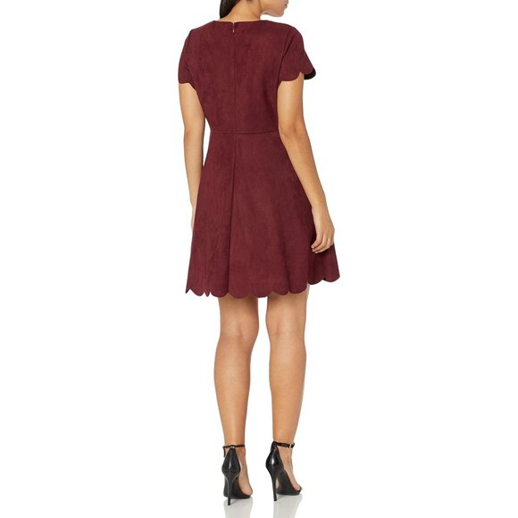 Pappagallo Size 12 Burgundy Suede-Style Scalloped Hem Dress - Picture 3 of 16